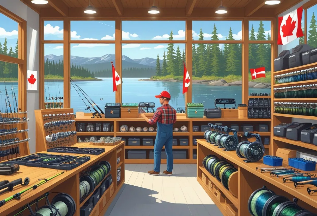 Inside a fishing gear store in Canada with fishing equipment on shelves, a clerk helping a customer, and a scenic lake view through the windows.