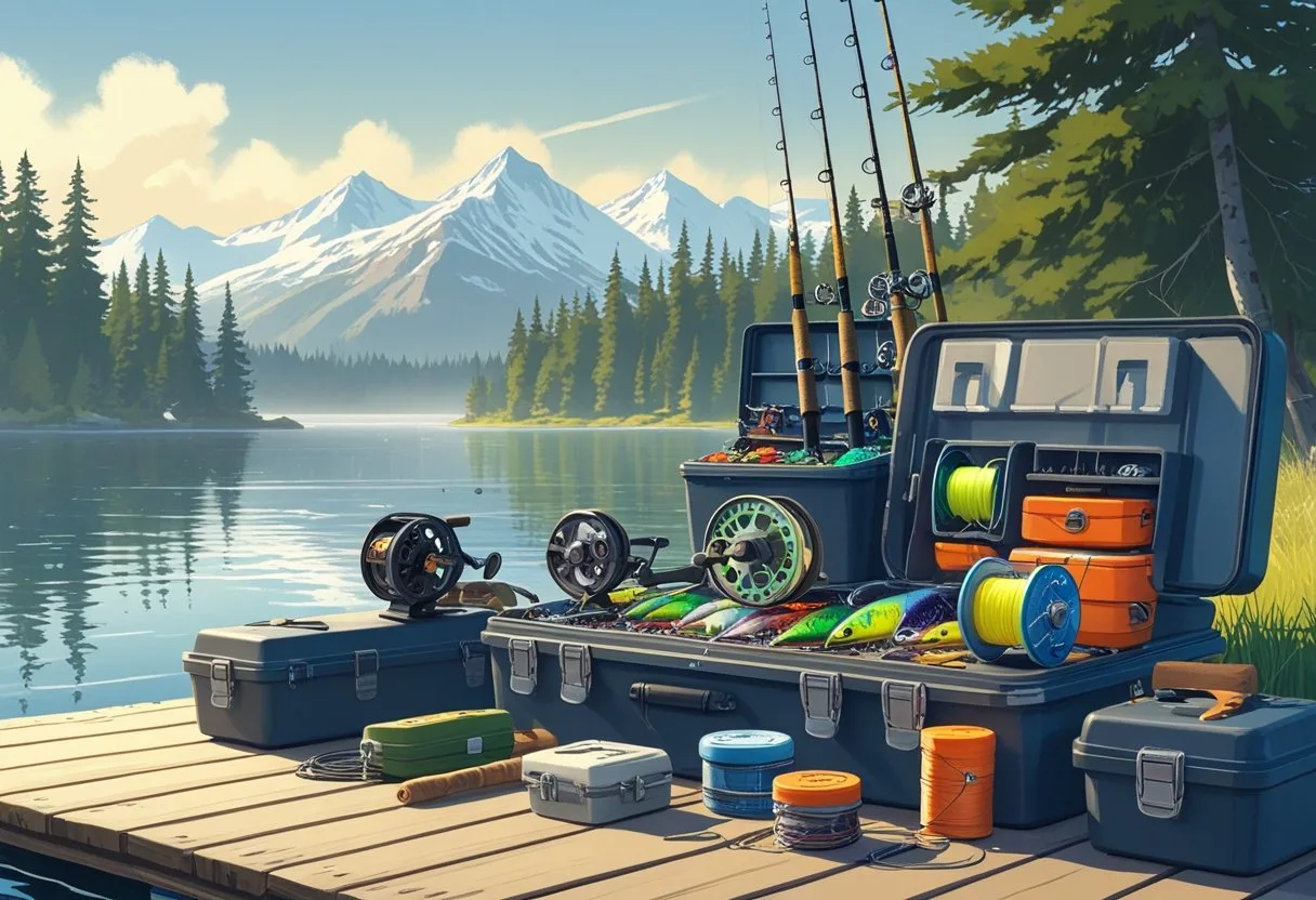 setup on a wooden dock by a lake with pine trees and mountains in the background.