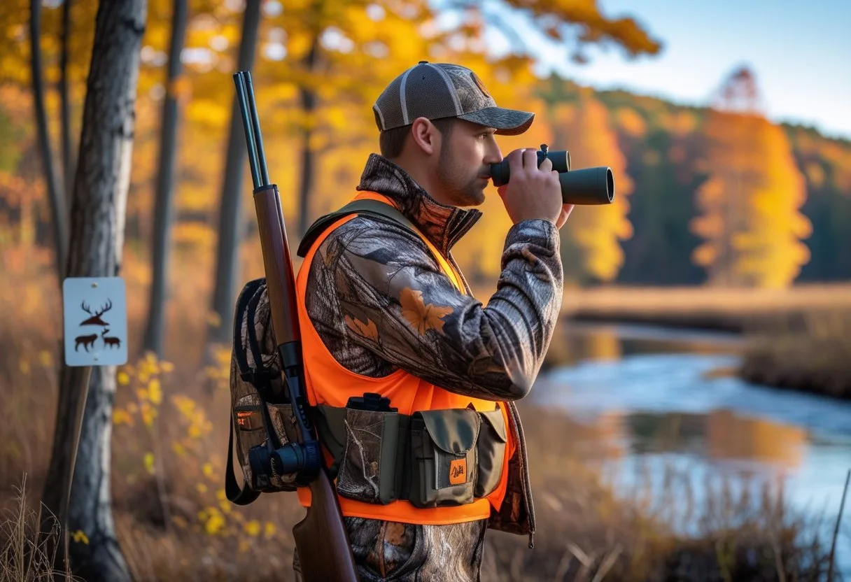 A hunter in camouflage and orange vest standing in an autumn forest near a river with colorful fall trees.