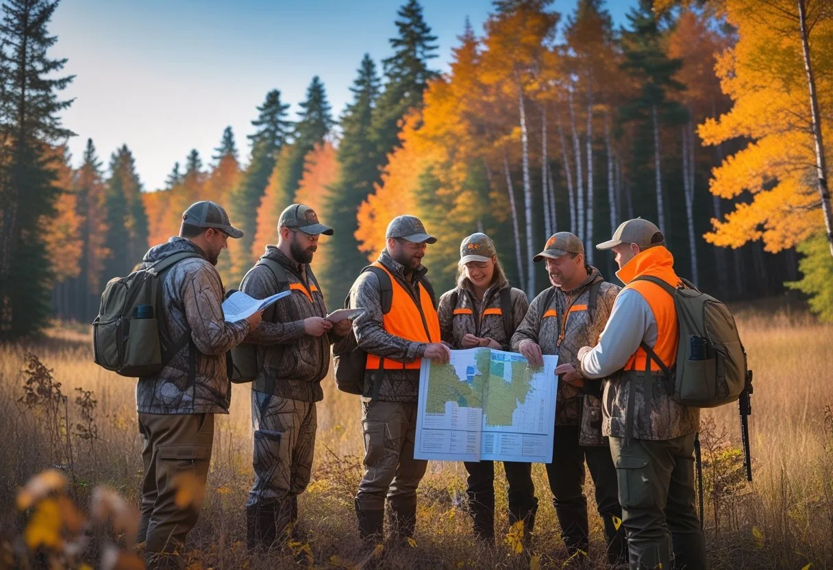 A group of hunters in safety gear studying a map together in a colorful autumn forest clearing.