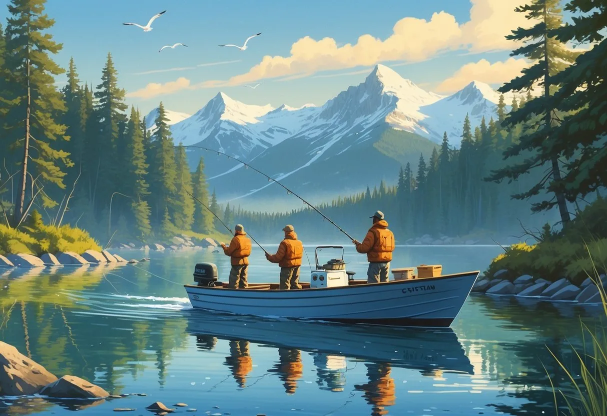 A fishing boat with anglers fishing on calm water surrounded by pine forests and snow-capped mountains under a clear sky.