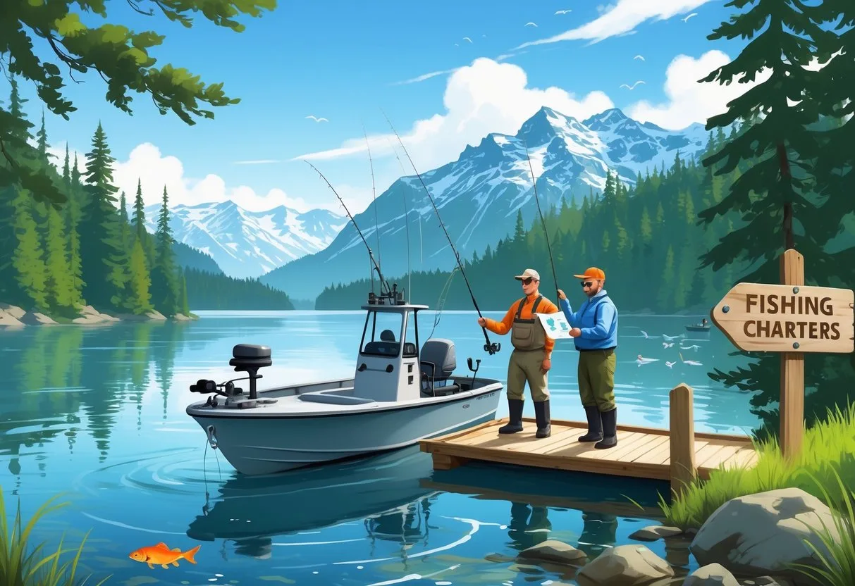 A fishing boat docked at a wooden pier on a calm lake surrounded by evergreen trees and mountains, with a fishing guide greeting two anglers holding a map.