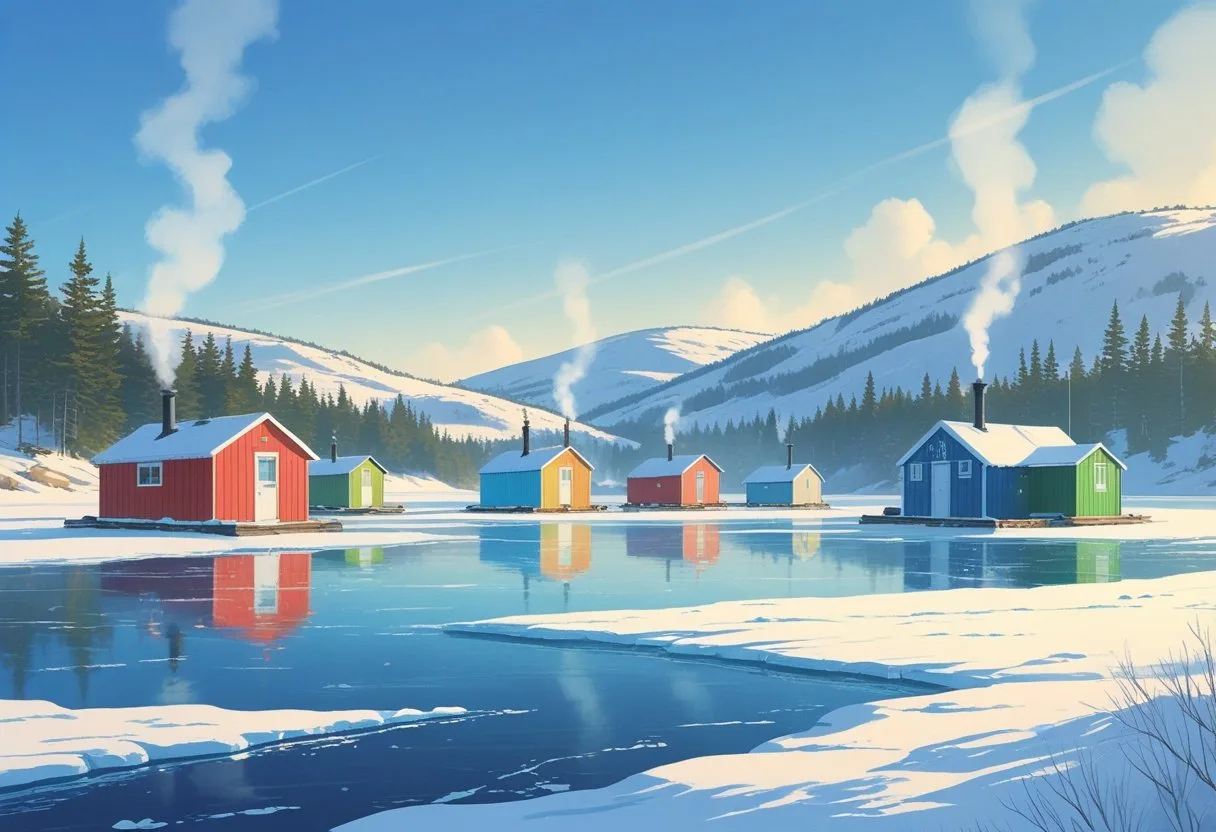 A winter scene showing colorful ice fishing huts on a frozen lake surrounded by snow-covered trees and hills under a clear sky.
