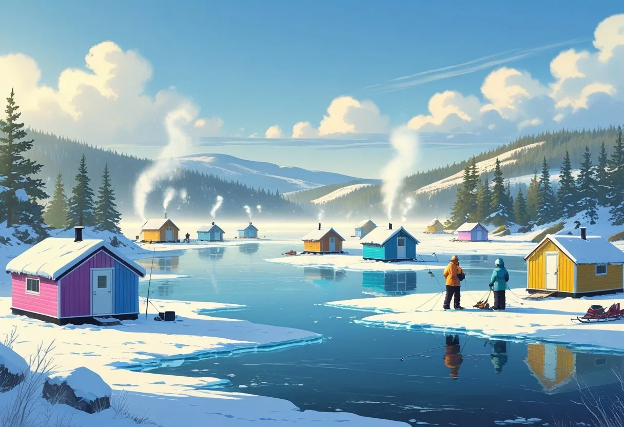 A winter scene showing colorful ice fishing huts on a frozen lake surrounded by snow-covered trees and hills, with people ice fishing nearby.