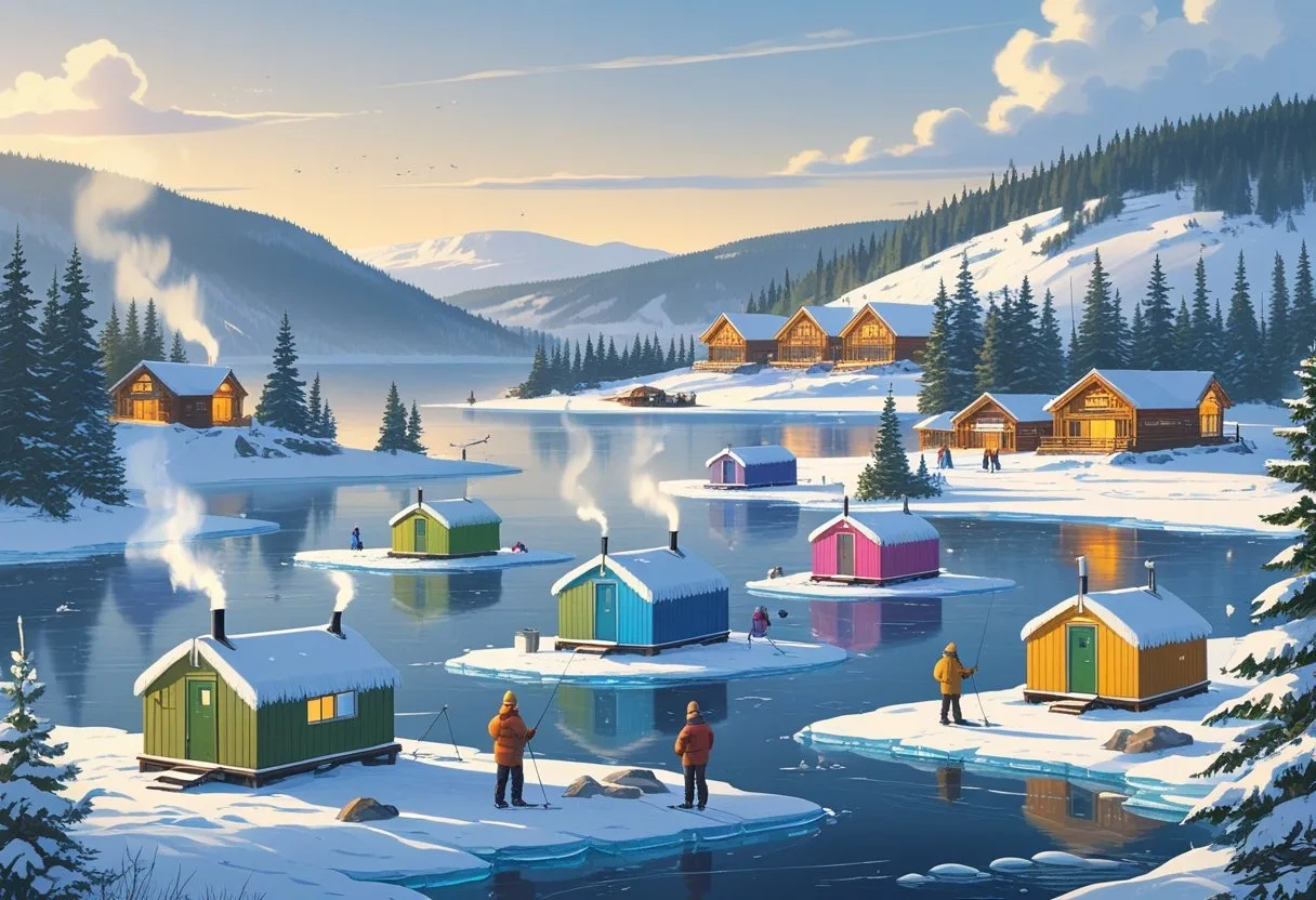 A winter scene showing colorful ice huts Ontario on a frozen lake surrounded by snow-covered trees, with people ice fishing and cozy resorts in the background.