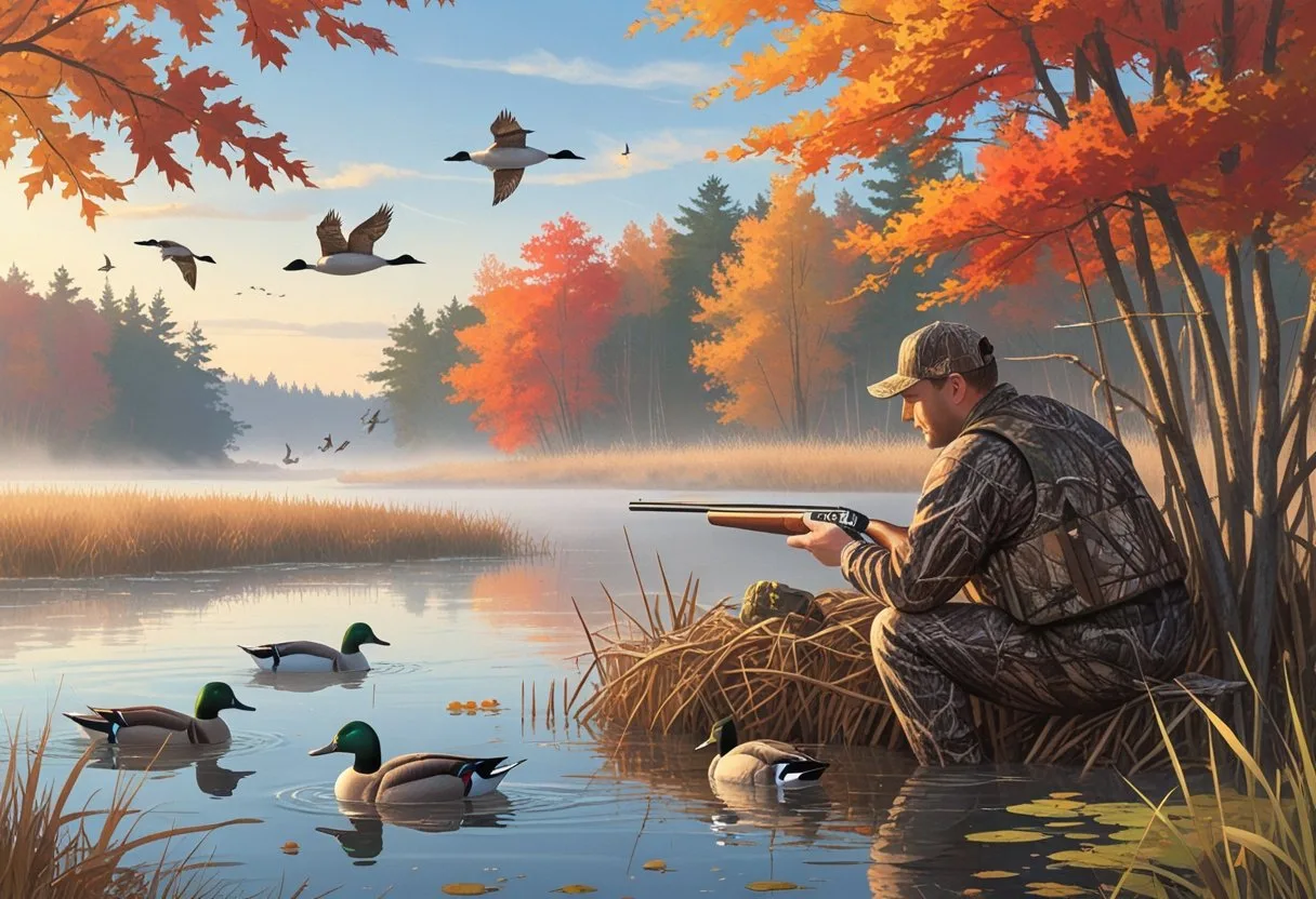 A hunter in camouflage sits in a natural duck blind by a calm wetland with ducks and geese flying and resting nearby, surrounded by colorful autumn trees. Thanksgiving Hunting in Canada
