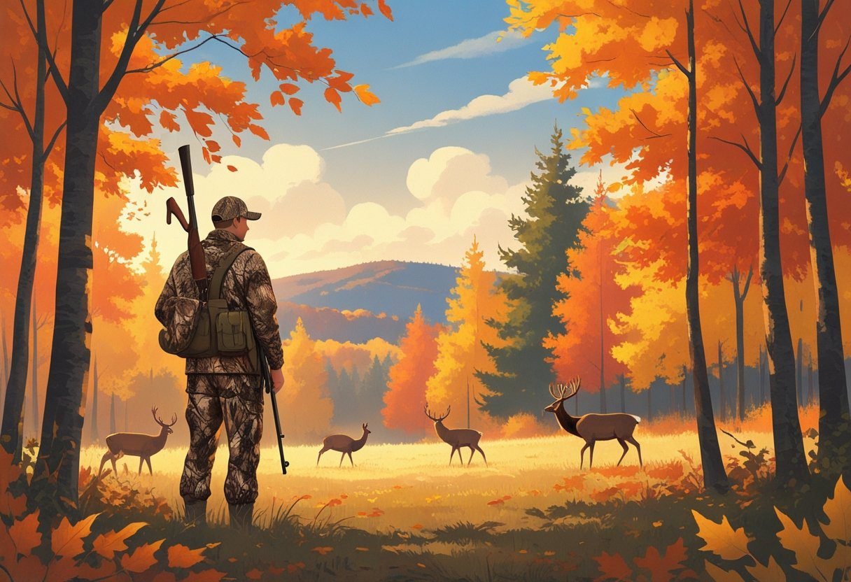 A hunter in camouflage stands quietly in a colorful autumn forest with wild turkeys and deer nearby under a clear sky. Thanksgiving Hunting in Canada