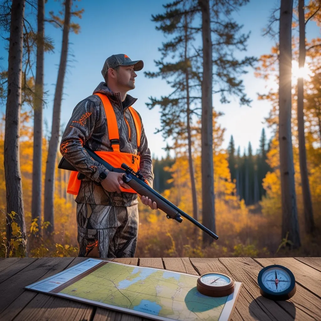 Hunter in camouflage and orange gear standing in a forest holding a rifle, with a map and compass on a wooden table nearby. Alberta Hunting Regulations 2025