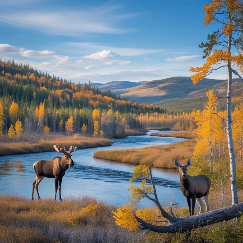 A peaceful autumn forest in Alberta with colorful trees, a clear river, distant mountains, and wildlife including a moose, deer, and a bald eagle.