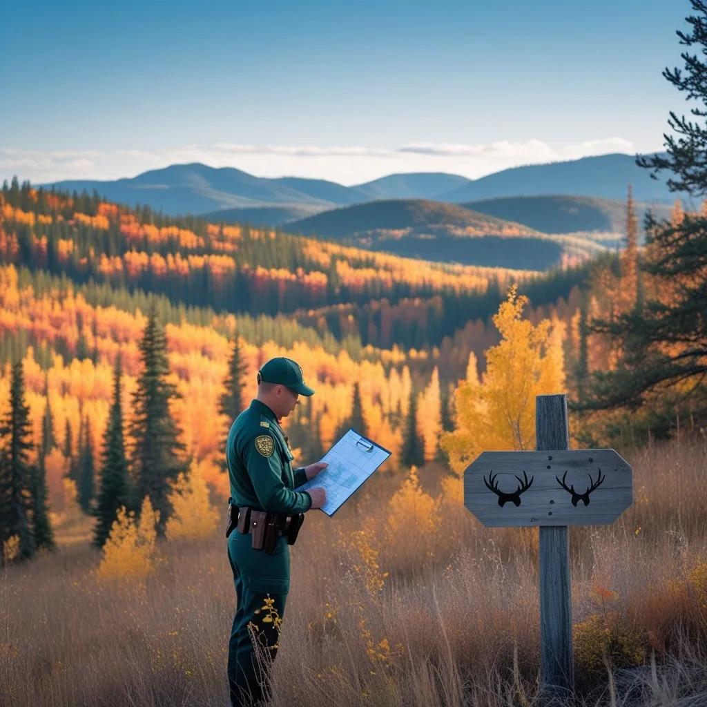 A park ranger in uniform studies a map in a forested Alberta landscape with autumn colors and mountains in the background. Alberta Hunting Regulations 2025
