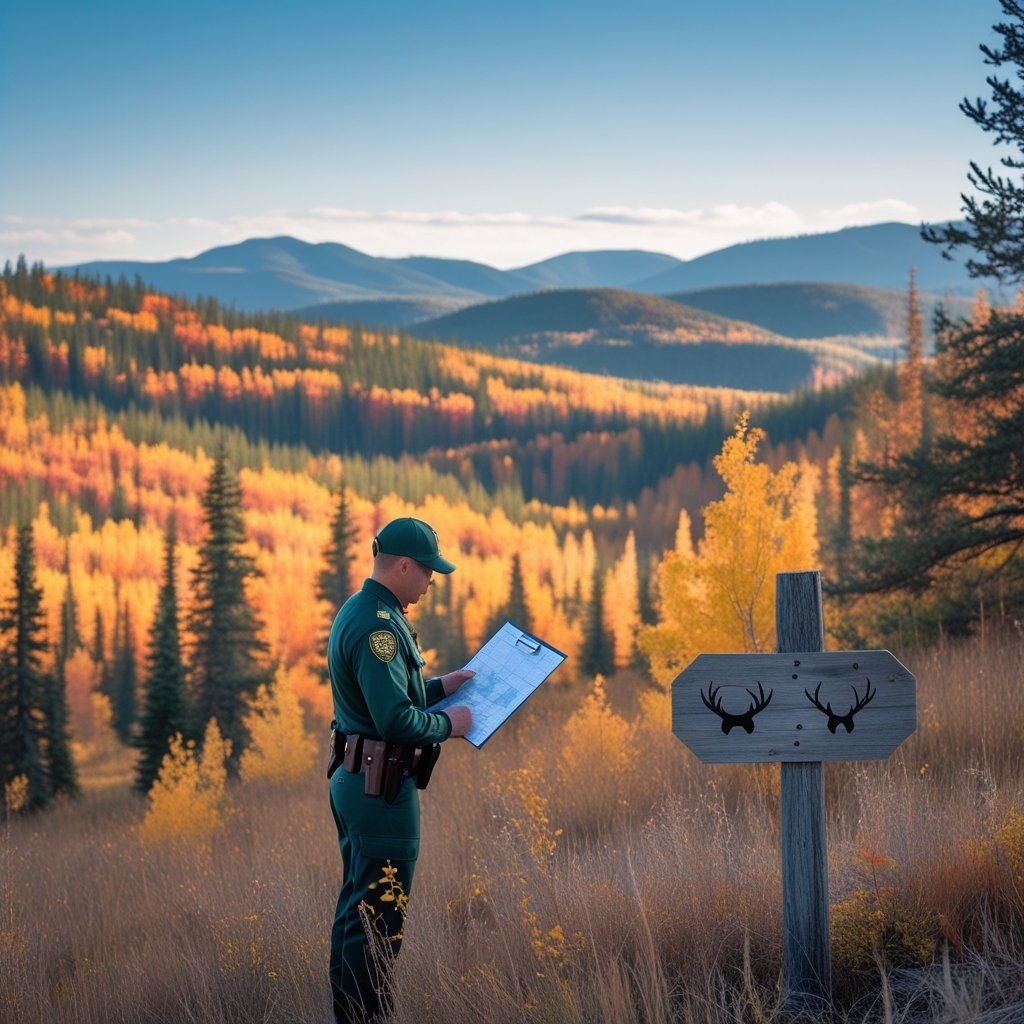 A park ranger in uniform studies a map in a forested Alberta landscape with autumn colors and mountains in the background. Alberta Hunting Regulations 2025