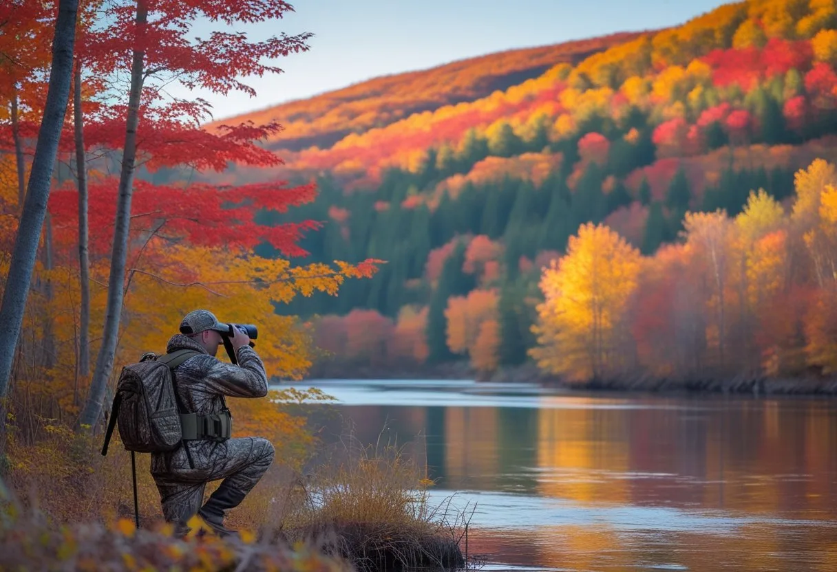A hunter in camouflage gear observing a colorful autumn forest near a calm river in Quebec. Quebec fishing regulations 2025