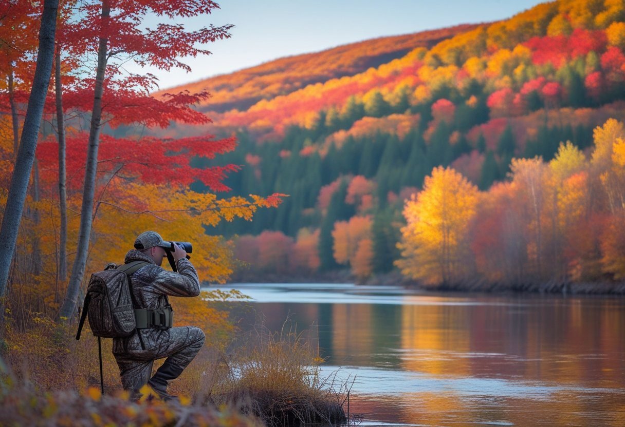 A hunter in camouflage gear observing a colorful autumn forest near a calm river in Quebec. Quebec fishing regulations 2025