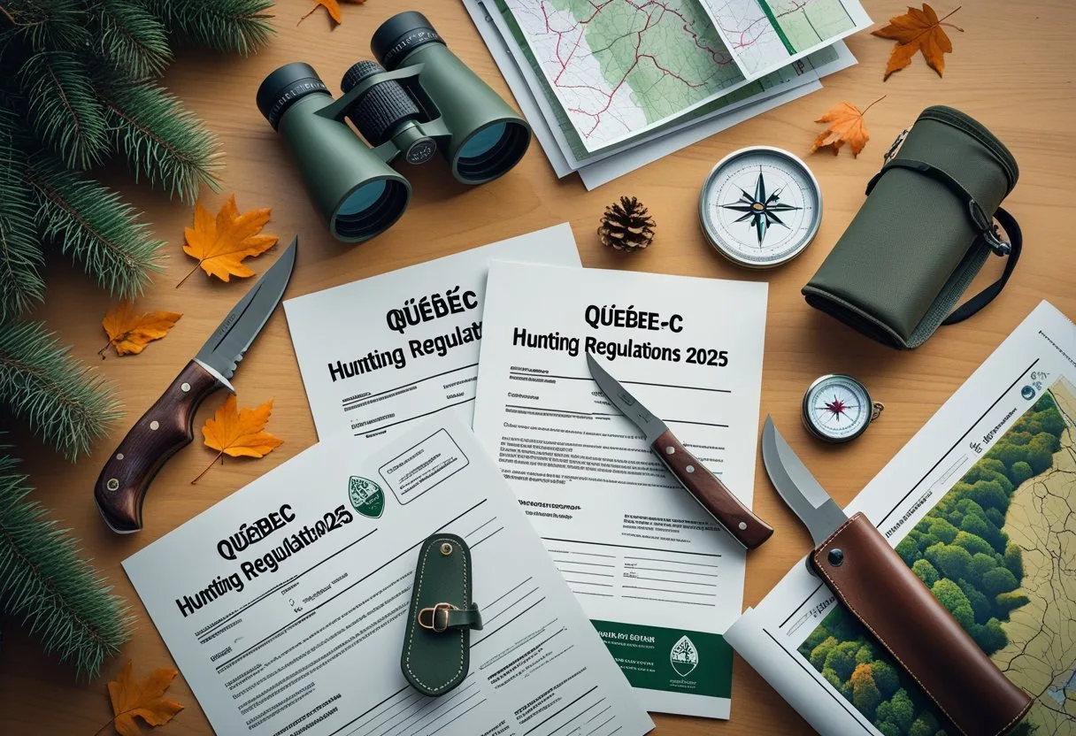 Flat lay of hunting licenses and certificates with hunting gear and natural elements on a wooden desk. Quebec fishing regulations 2025
