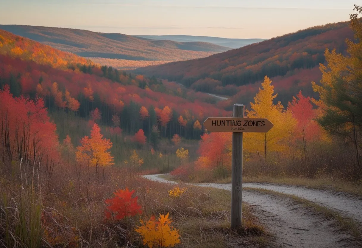 A colorful autumn forest in Quebec with a wooden signpost next to a dirt trail, showing a peaceful outdoor hunting area.