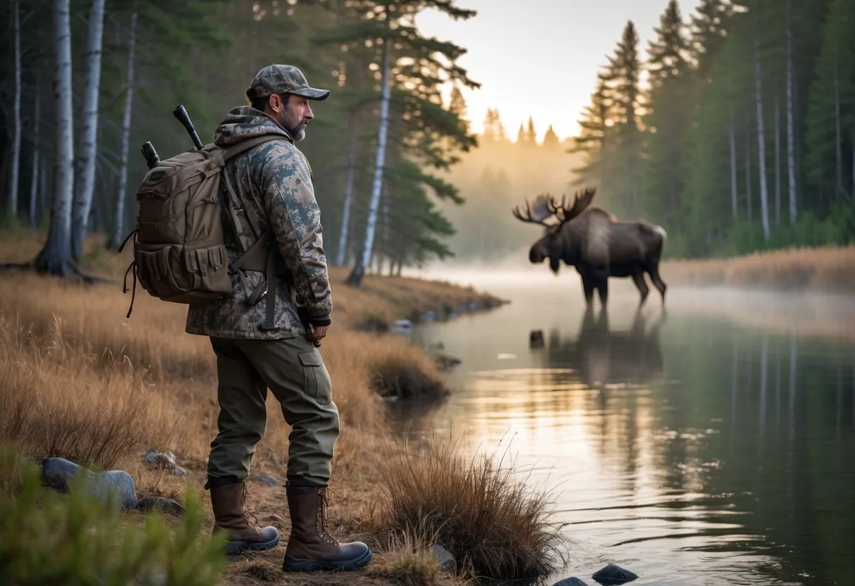 A hunter standing by a river in a dense Canadian forest with a large bull moose nearby.