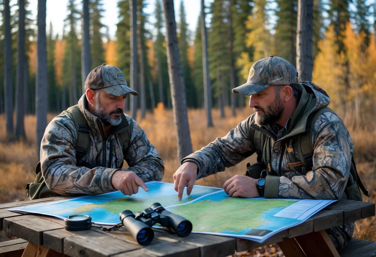 Two hunters sitting at a picnic table in a Canadian forest, looking at maps and planning a moose hunting trip.