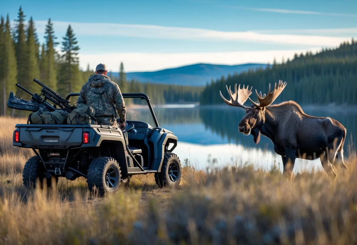 A hunter in camouflage gear stands near an all-terrain vehicle in a Canadian forest with a large bull moose nearby and a lake and hills in the background. Moose Hunting Trips Canada