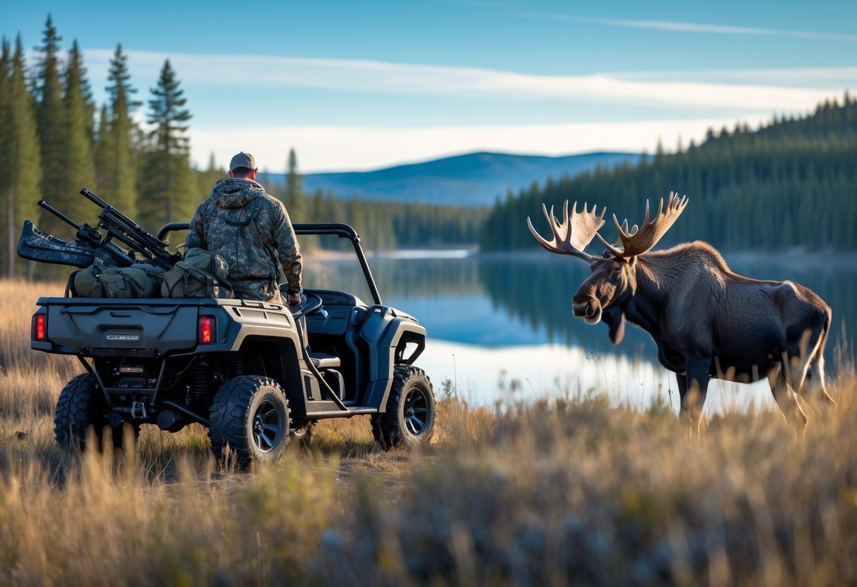 A hunter in camouflage gear stands near an all-terrain vehicle in a Canadian forest with a large bull moose nearby and a lake and hills in the background. Moose Hunting Trips Canada