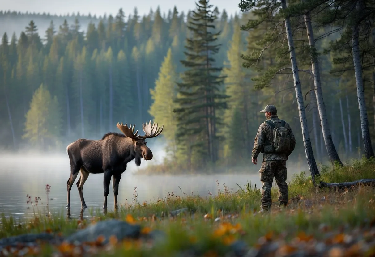 A hunter in camouflage observing a bull moose near a forest lake in the Canadian wilderness at dawn. Moose Hunting Trips Canada