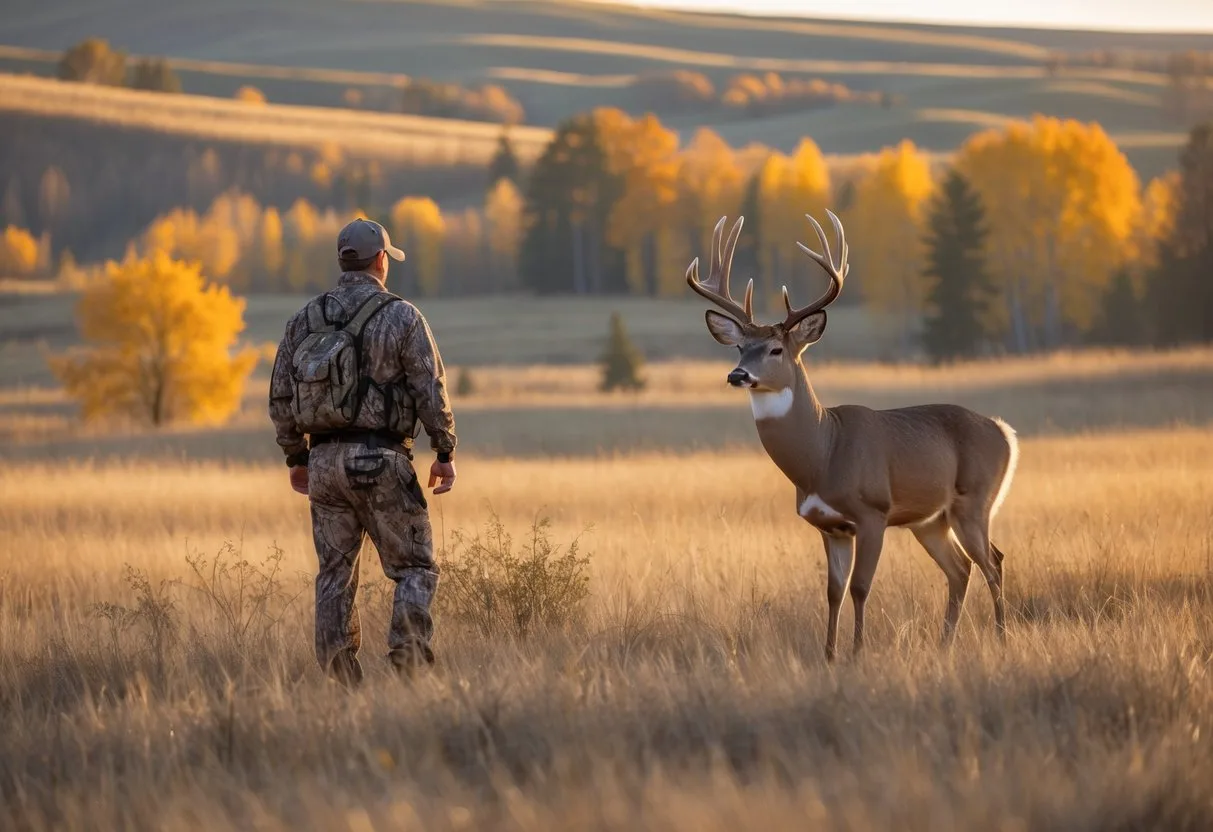 A hunter in camouflage watches a large whitetail deer standing in a prairie landscape with trees and hills in the background. Saskatchewan whitetail hunts
