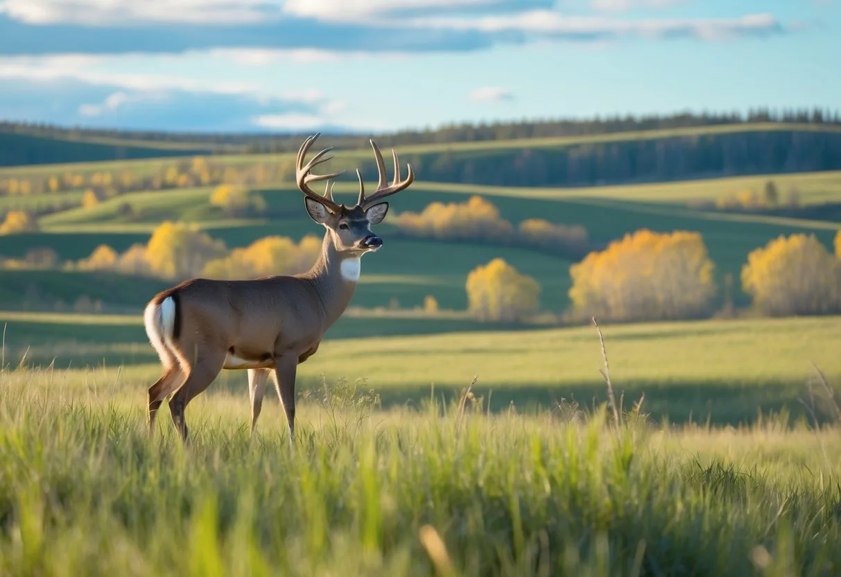 A hunter observing a large whitetail deer in a green prairie landscape with rolling hills and trees under a clear blue sky. Saskatchewan whitetail hunts