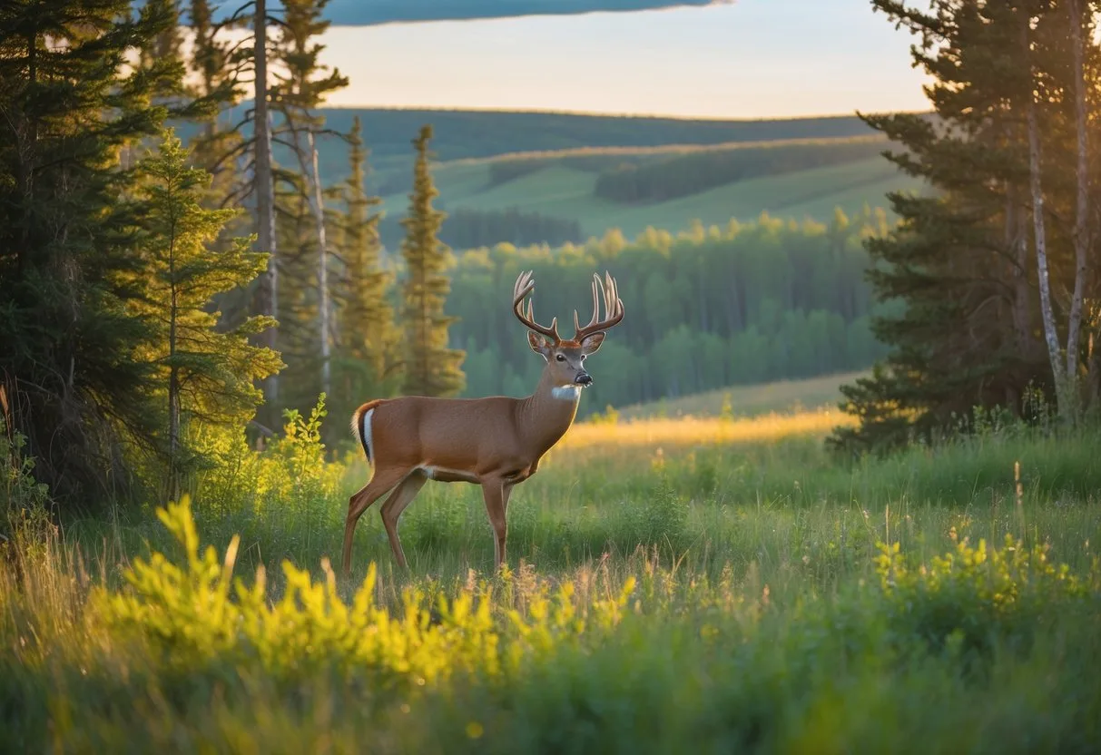 A mature whitetail deer standing in a sunlit forest clearing surrounded by trees and green vegetation in Saskatchewan.