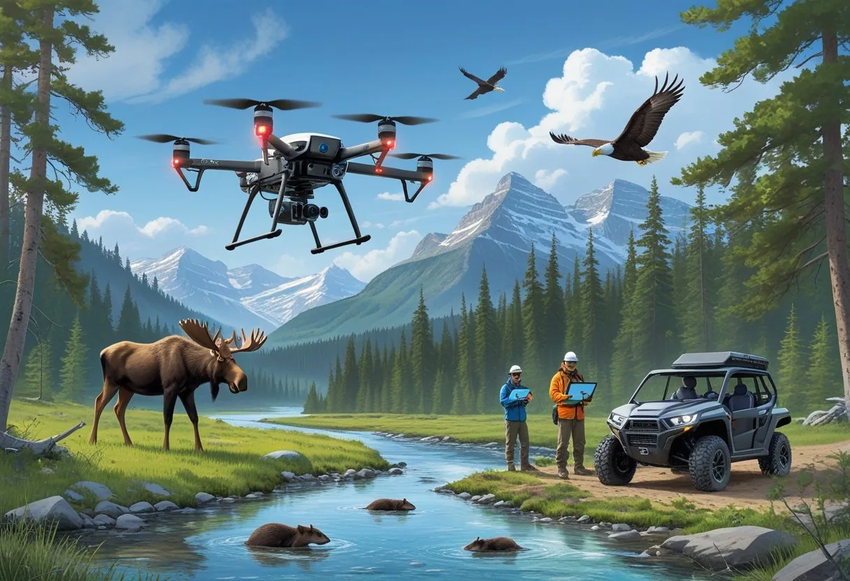 A drone flies over a Canadian forest with wildlife including a moose, beavers, and a bald eagle, while researchers observe data nearby.