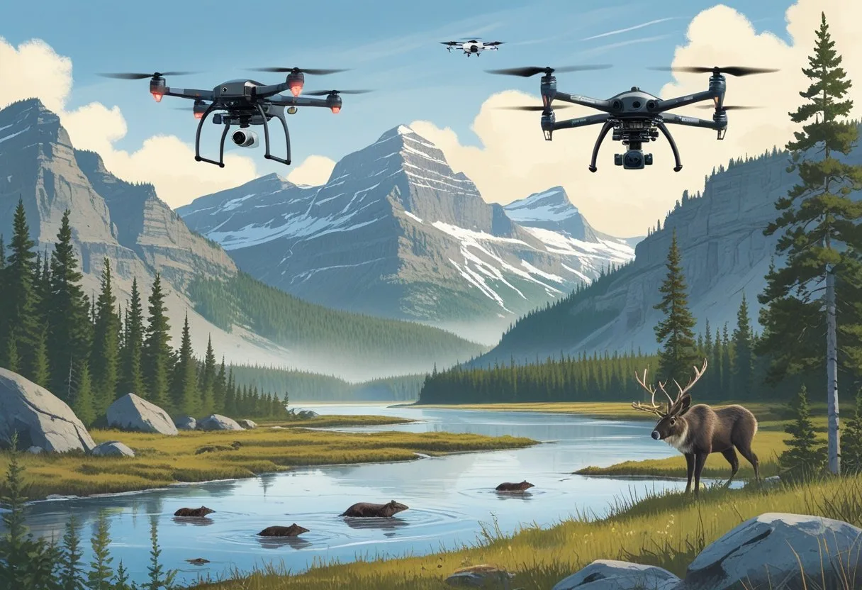 Various drones flying over Canadian wilderness areas including forests, wetlands, and mountains with wildlife such as birds and caribou visible below.