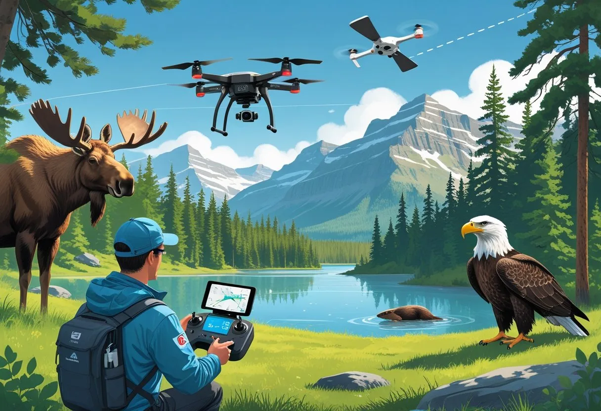 A researcher operating a drone over a Canadian wilderness area with wildlife including a moose, bald eagle, and beaver near a lake surrounded by pine trees and mountains.