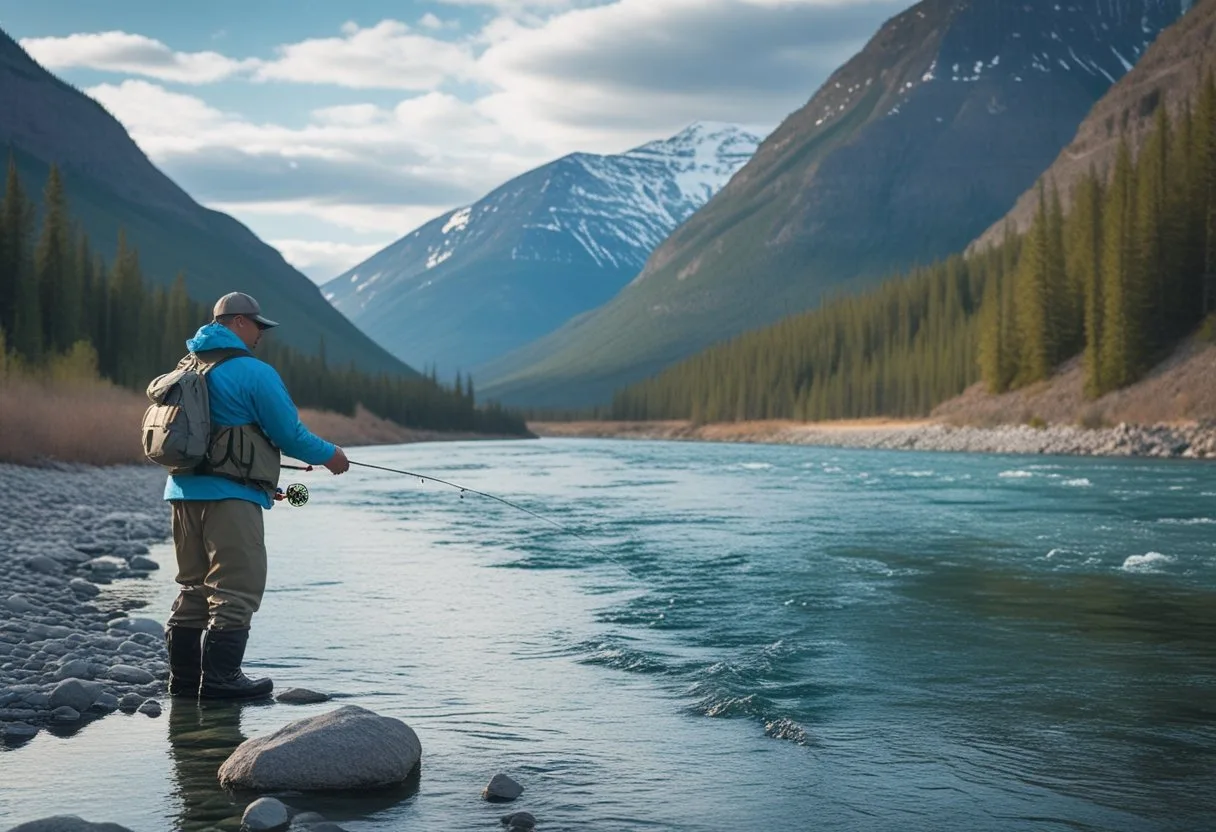 A fisherman casting a line into a clear river surrounded by mountains and forests in the Yukon wilderness.