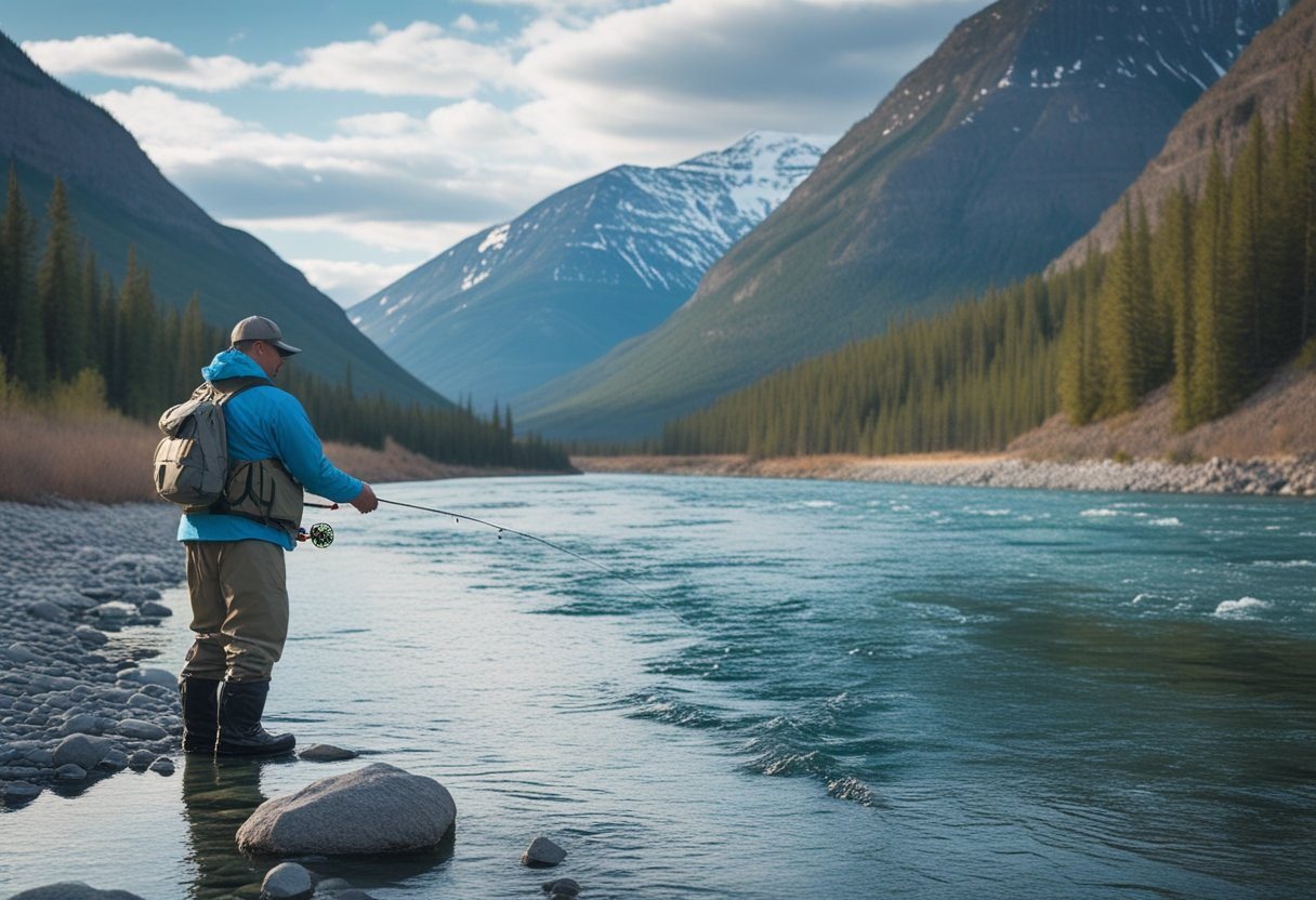 A fisherman casting a line into a clear river surrounded by mountains and forests in the Yukon wilderness.