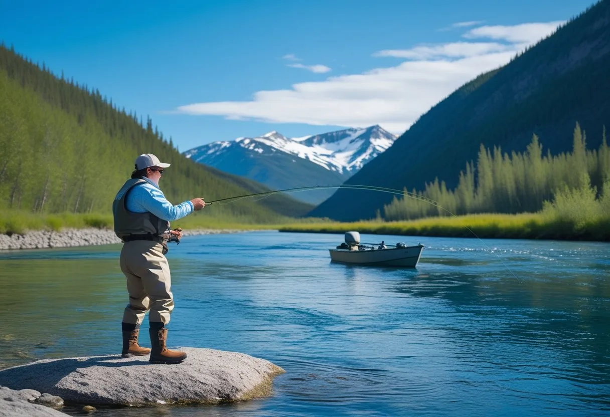 An angler fishing on a clear river in the Yukon surrounded by forests and mountains under a blue sky.