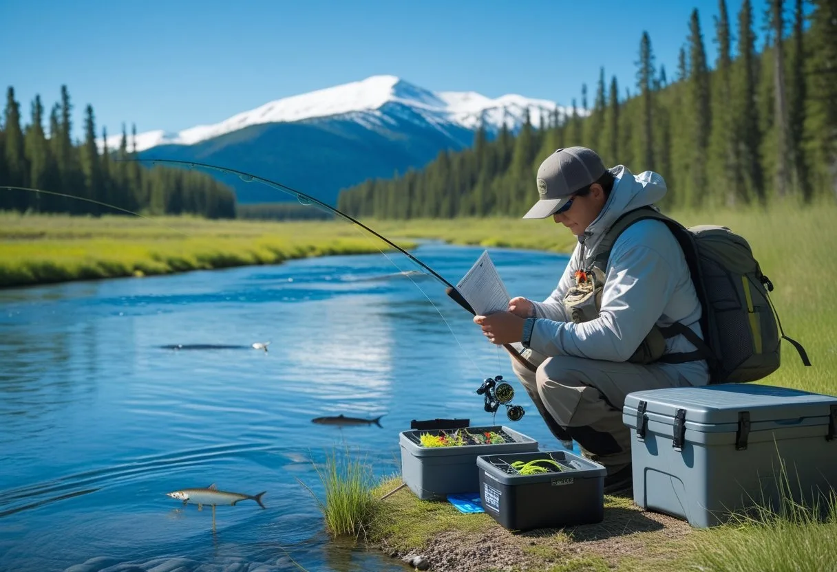 A person outdoors by a river in the Yukon preparing fishing gear and reviewing a permit, surrounded by forest and mountains.