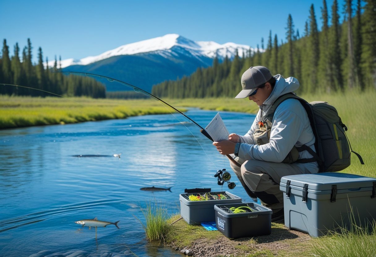 A person outdoors by a river in the Yukon preparing fishing gear and reviewing a permit, surrounded by forest and mountains.