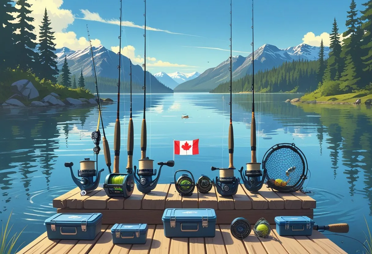 A collection of fishing gear including rods, reels, lures, tackle boxes, and a net displayed on a wooden dock by a Canadian lake with pine trees and mountains in the background.