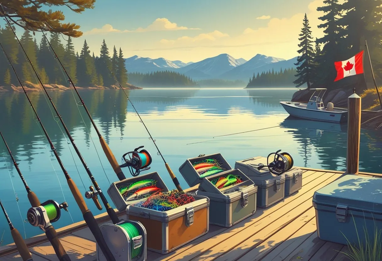 A variety of fishing gear arranged on a wooden dock by a calm lake with pine trees, mountains, and a small fishing boat in the background.