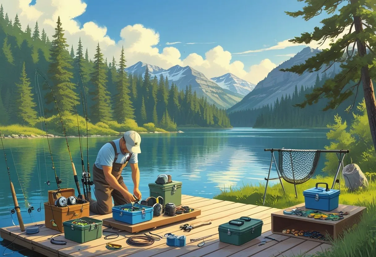 A person cleaning and organizing fishing gear on a wooden dock by a lake surrounded by pine trees and mountains.