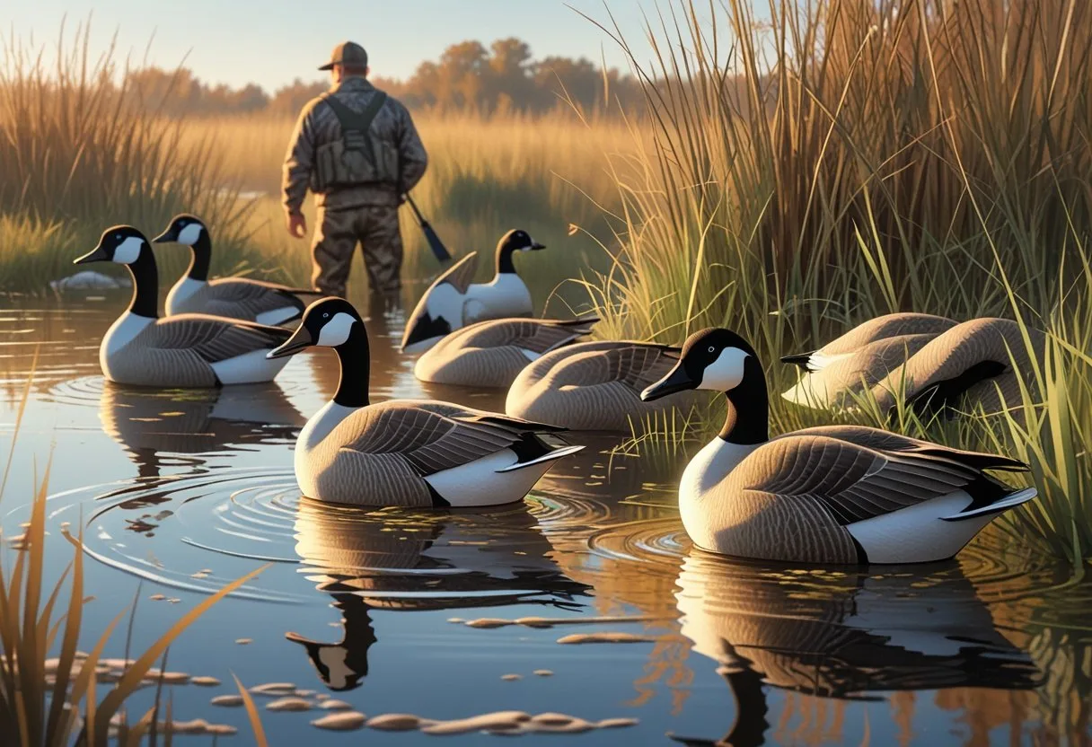 A wetland scene with realistic goose decoys arranged on water near reeds, and a hunter camouflaged in the background. Goose Hunting Decoy Setup