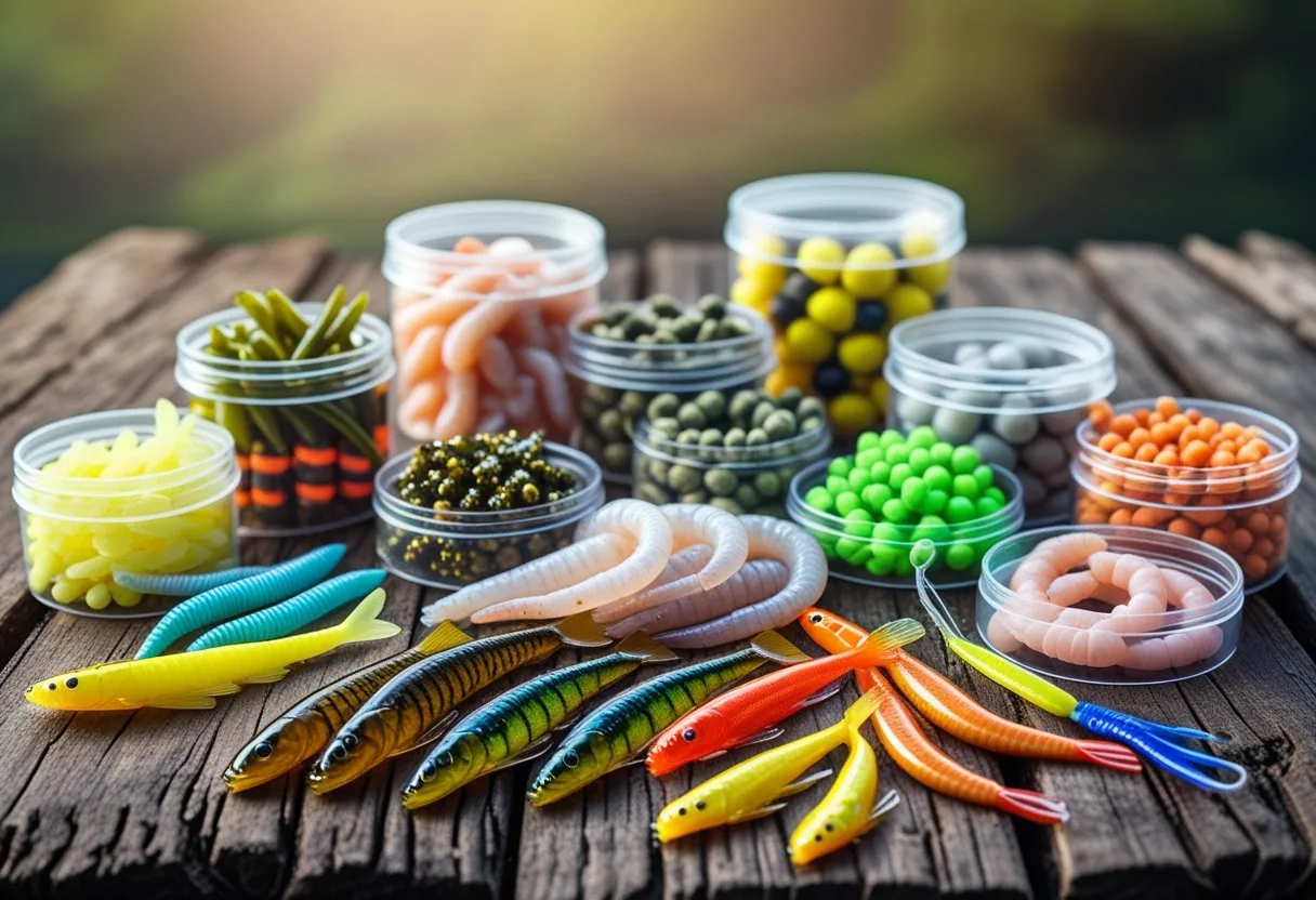 A variety of fishing bait types including live worms, minnows, shrimp, and colorful artificial lures arranged on a wooden surface.