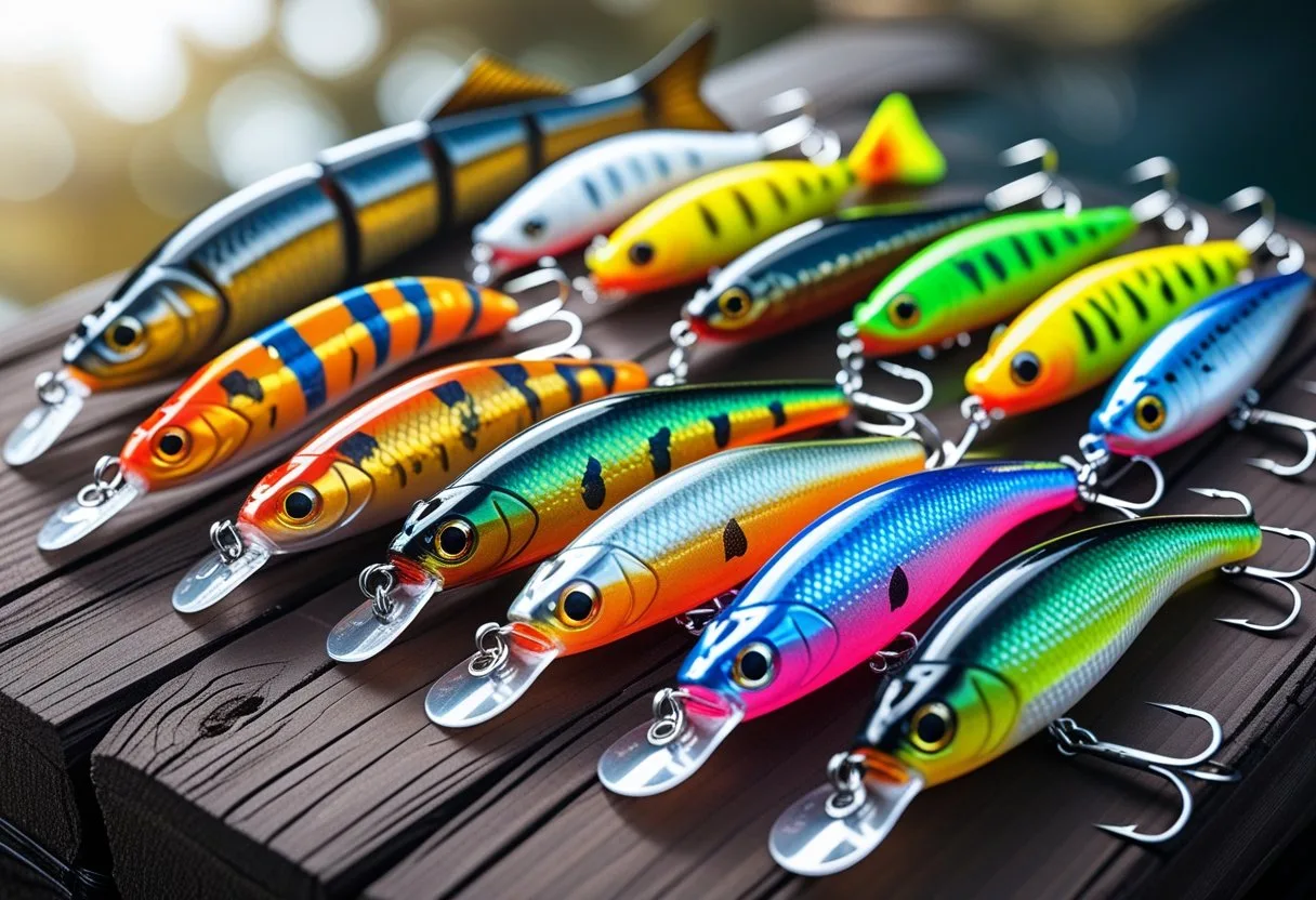 A collection of different artificial fishing baits and lures arranged on a wooden surface.