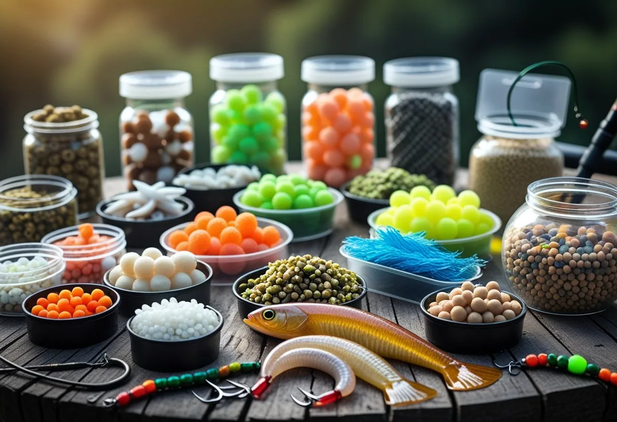 An assortment of different fishing baits including live worms, artificial lures, and packaged bait displayed on a wooden table with fishing gear nearby.