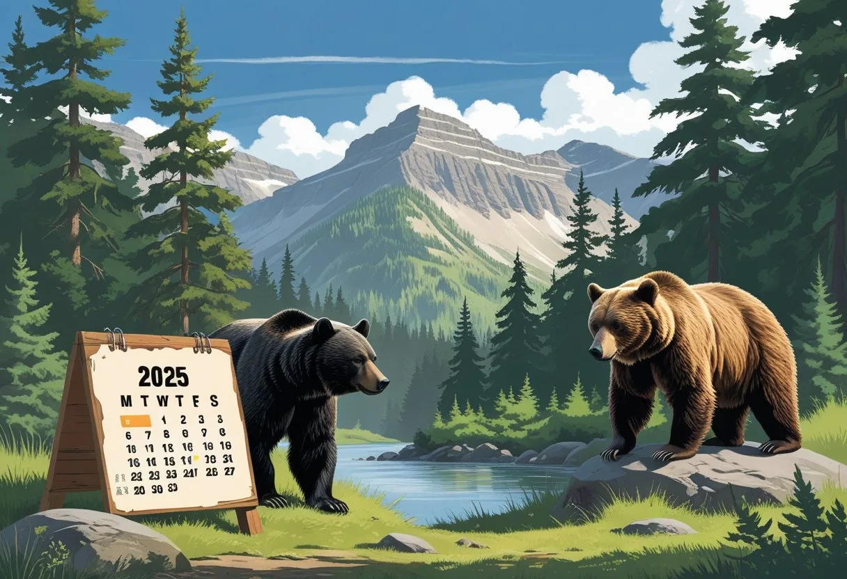 A forest scene in British Columbia with evergreen trees, mountains, and a black bear and grizzly bear near natural calendar symbols indicating hunting season dates.