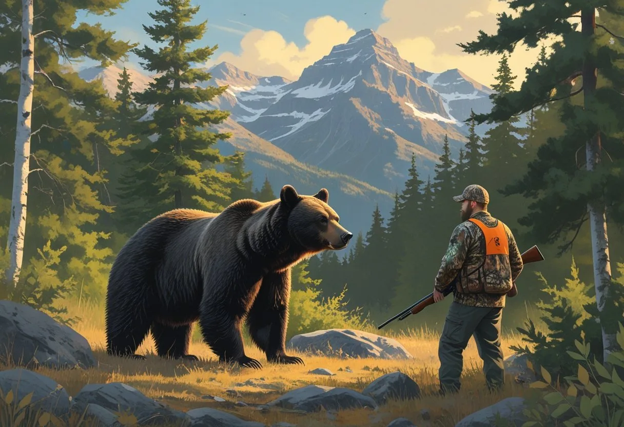 A black bear in a forested mountainous landscape with a hunter observing from a distance.