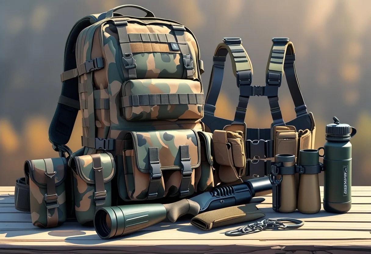 A detailed arrangement of hunting gear including a camouflage backpack, hunting belt with pouches, harness system, knife, water bottle, and binoculars on a wooden surface.