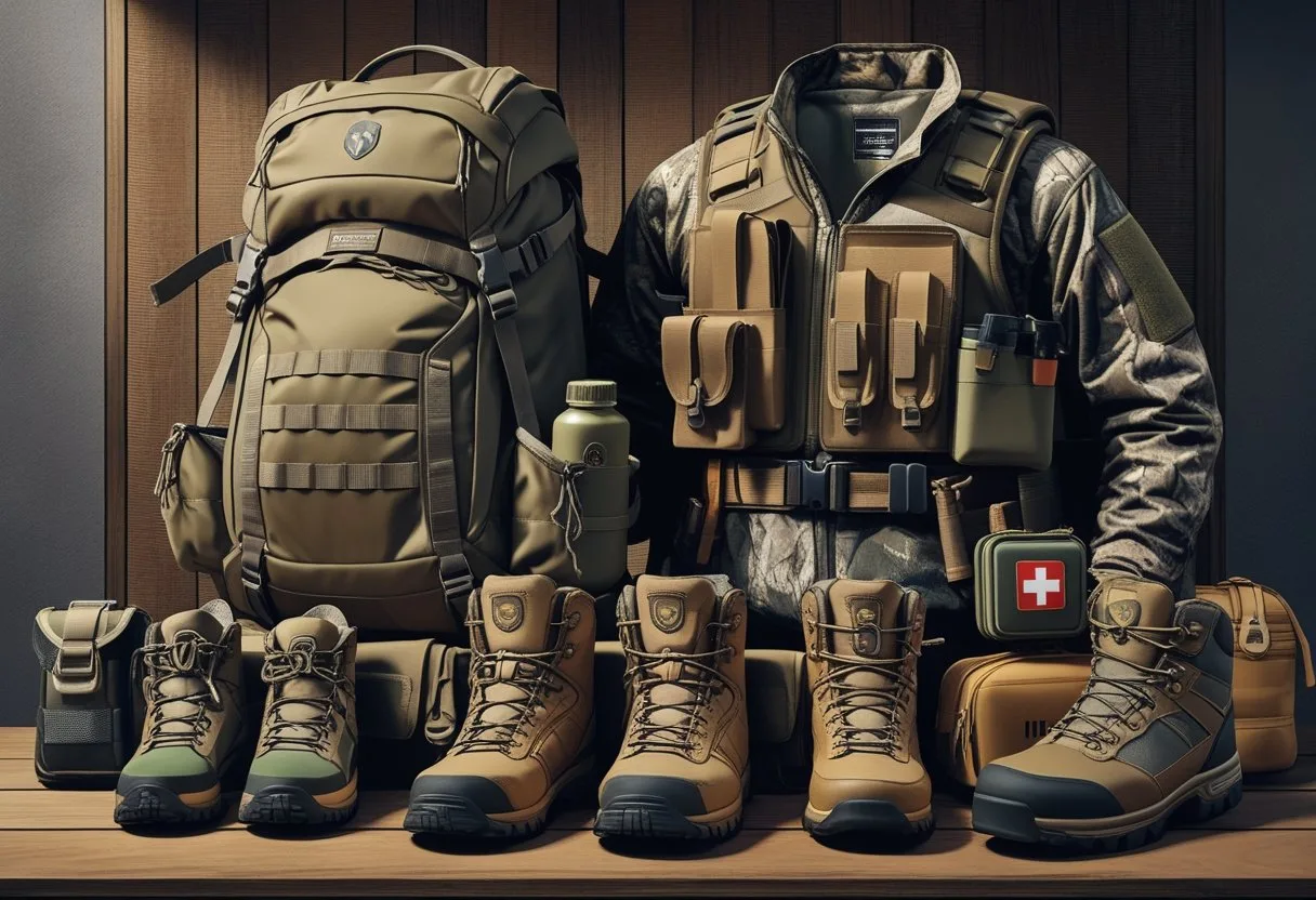 An arrangement of essential hunting gear including a backpack, tactical belt with pouches, boots, camouflage jacket, and a first aid kit on a wooden surface.