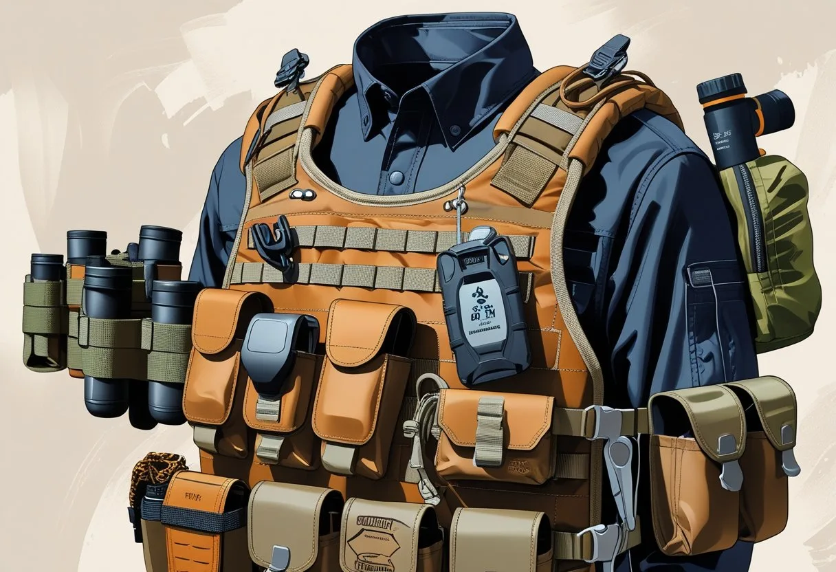 A hunting vest equipped with multiple pouches and attachments including ammunition holders, utility pockets, a binocular case, a multi-tool sheath, and a GPS device holder.