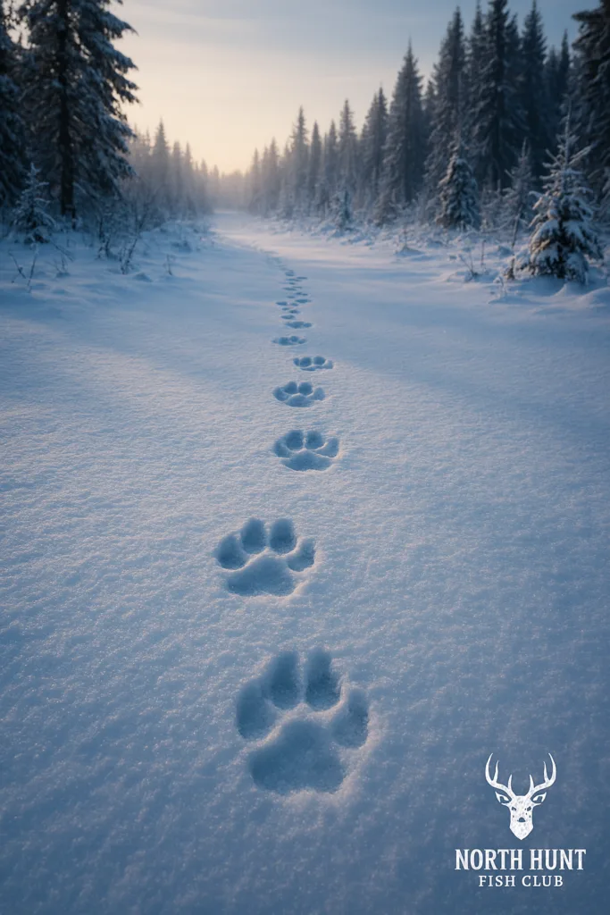 Winter predator hunting in Canada scene showing fresh coyote tracks crossing a snow‑covered trail at dawn.