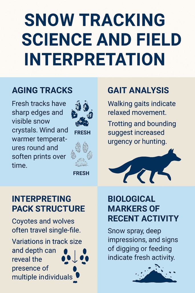 Infographic explaining snow tracking science for winter predator hunting Canada, including track aging, gait analysis, pack structure, and signs of recent activity
