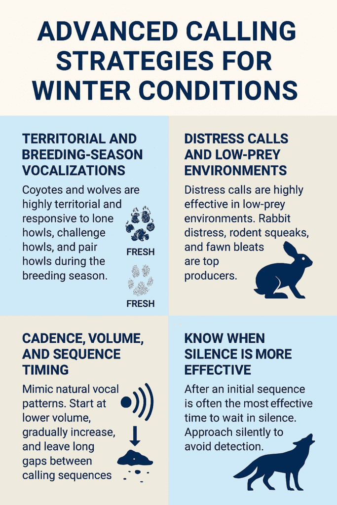 Infographic showing advanced calling strategies for winter predator hunting Canada, including territorial howls, distress calls, volume control, and strategic silence.